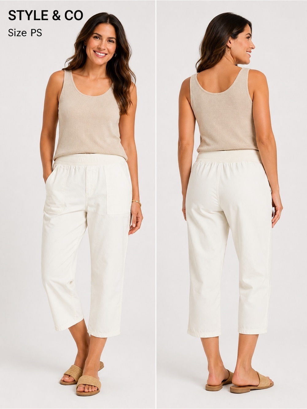Style & Co White Cropped cotton Pants Size PS Elastic Waist Casual Capri Pants